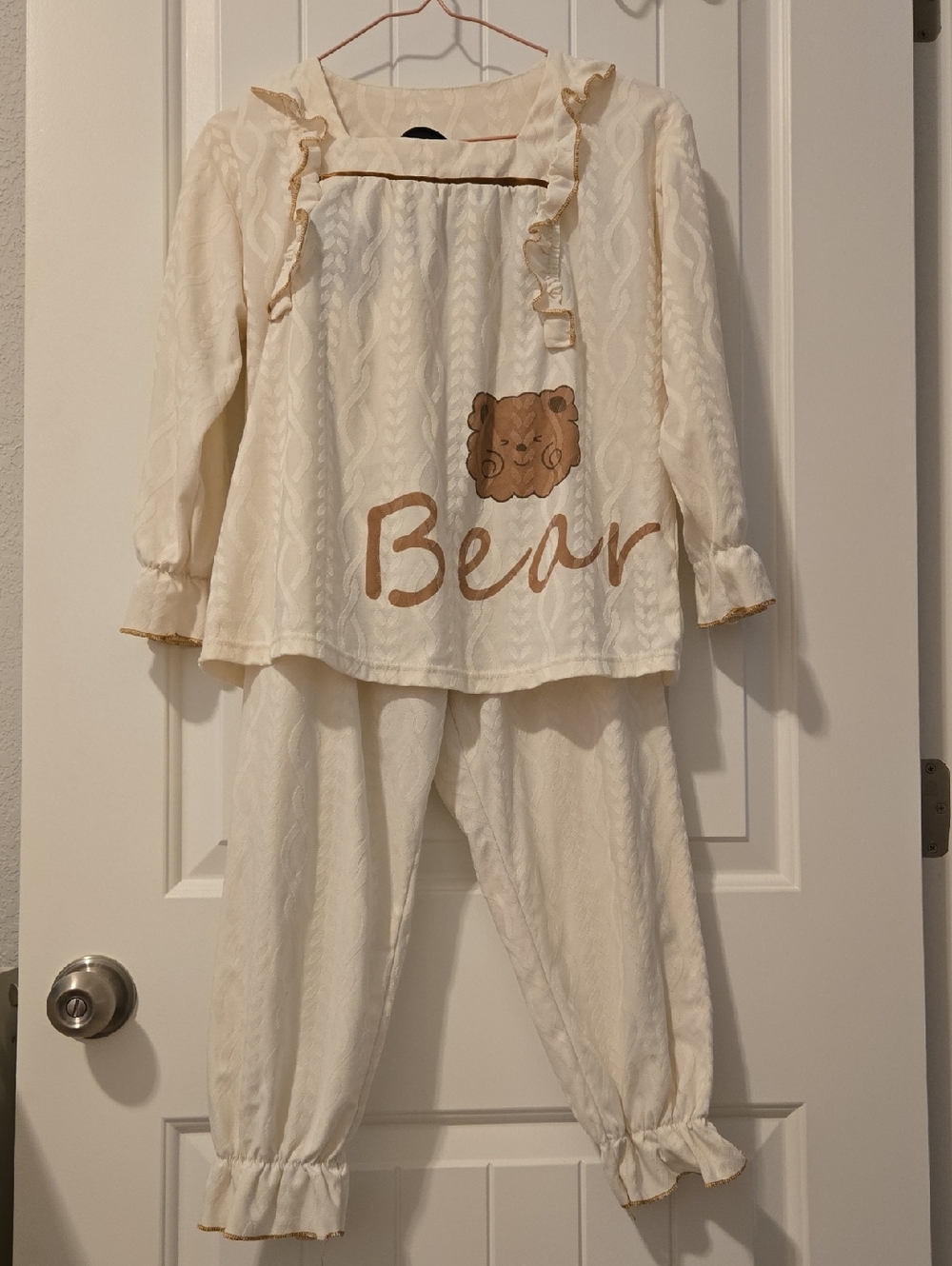 Cream Bear Print Kids Pajama Set with Ruffle Trim